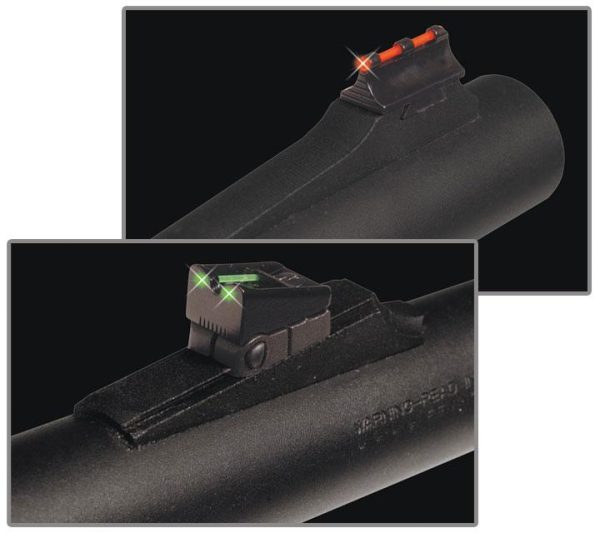 Close-up of black gun barrels featuring sights; top image with red fiber optic sight and bottom with green fiber optic sight.