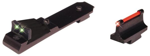 Black gun sight set with a green fiber optic rear sight and a red fiber optic front sight.