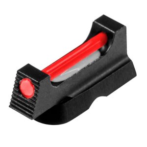 Red fiber optic gun sight with a black metal base, designed for improved visibility on firearms.