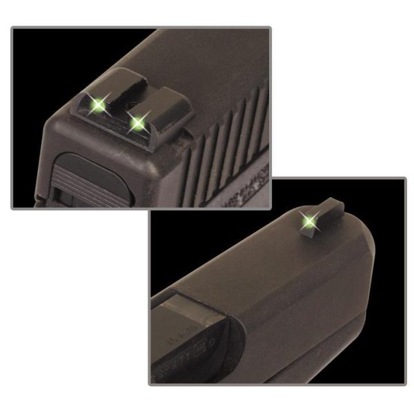 Close-up view of a dark gray firearm with green glowing sights, shown in two separate images emphasizing the front and rear sights.
