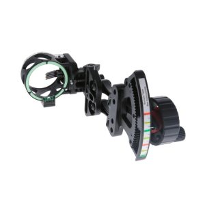 A black adjustable bow sight with a circular frame and a sighting pin wrapped in a green fiber optic.