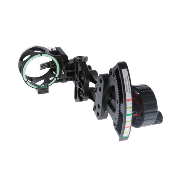 A black adjustable bow sight with a circular frame and a sighting pin wrapped in a green fiber optic.