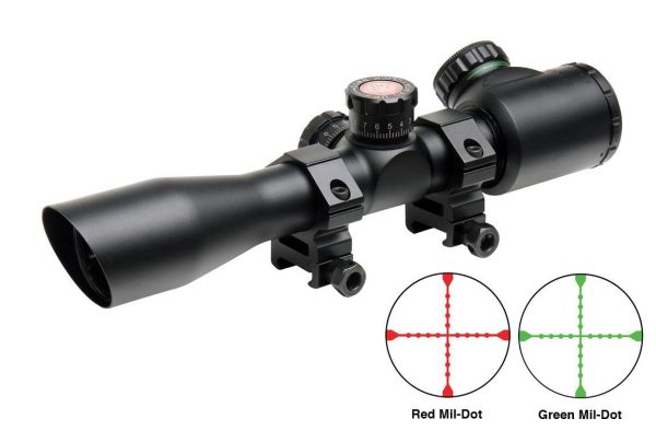 A black rifle scope with adjustable turrets and mount, featuring red and green illuminated mil-dot reticles.