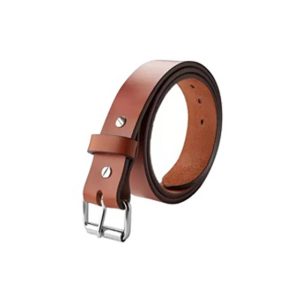 Brown leather belt with silver buckle.