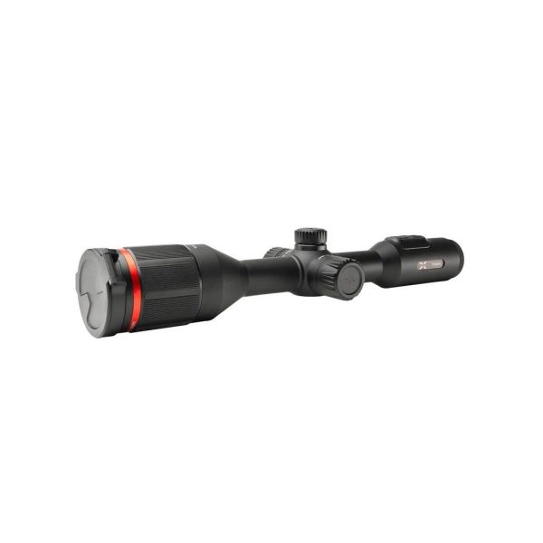 Black rifle scope with a gray lens cap and a red accent ring on the front, suitable for firearms and hunting equipment.