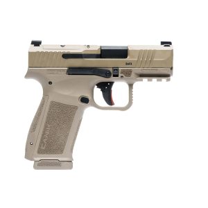 Tan handgun with textured grip and black accents, featuring 9x19 markings; right-side view.