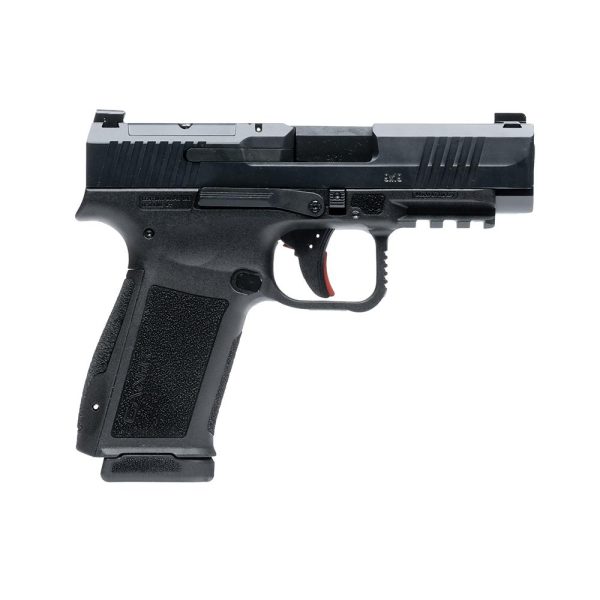 Black and silver semi-automatic handgun with textured grip and red trigger.