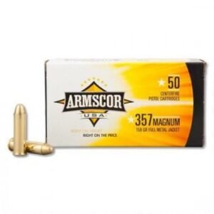 Armscor usa. 357 magnum 158 gr full metal jacket ammo box with two bullets standing upright.