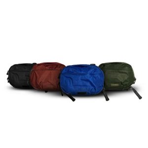 Four tactical bags in black, brown, blue, and green.