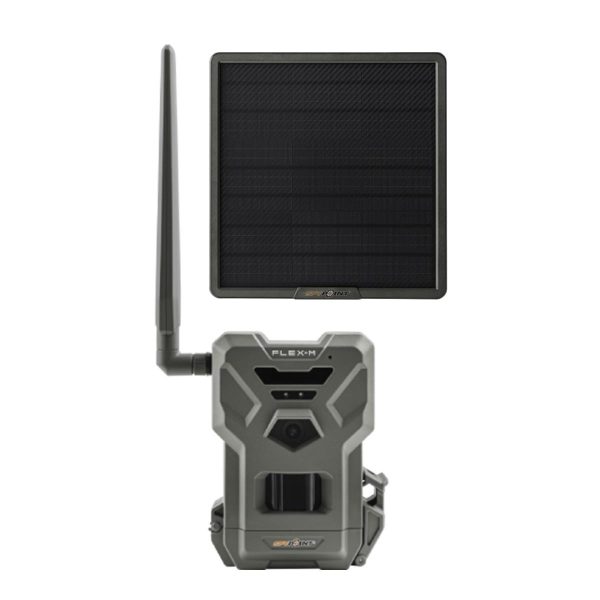 A green trail camera with a long antenna, labeled "flex-m," accompanied by a black solar panel.