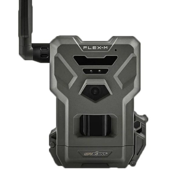 A green and black spypoint flex-m trail camera with angular design and an antenna on the left side.