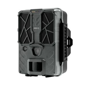 Dark green Spypoint Force-48 trail camera with black geometric accents and dual sensors, seen in profile.