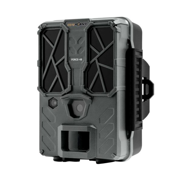 Dark green spypoint force-48 trail camera with black geometric accents and dual sensors, seen in profile.