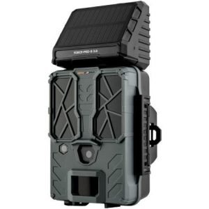 A green and black trail camera with a solar panel on top.