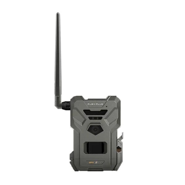 A green cellular trail camera with an antenna labeled "flex-plus" on a white background.