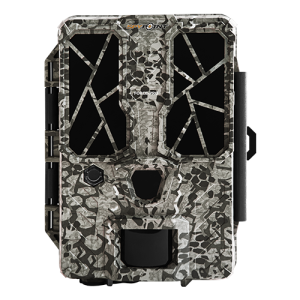 Camouflage-patterned trail camera with black accents and multiple lens openings on the front.