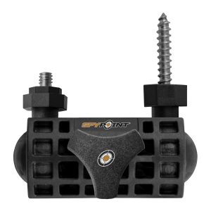 Black Spypoint mounting bracket with textured surface, grid design, and two metal screws.
