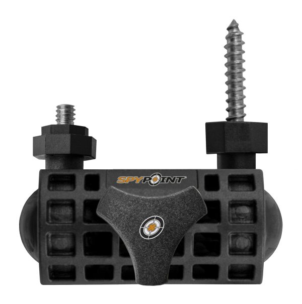 Black spypoint mounting bracket with textured surface, grid design, and two metal screws.