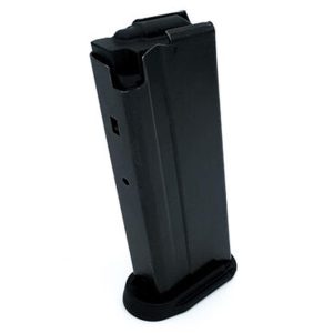 Black metal firearm magazine with a smooth finish.