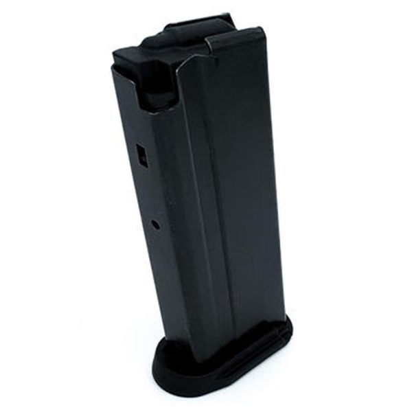 Black metal firearm magazine with a smooth finish.