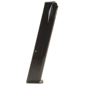 Black firearm magazine against a white background.