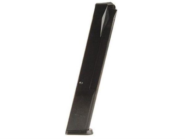 Black firearm magazine against a white background.