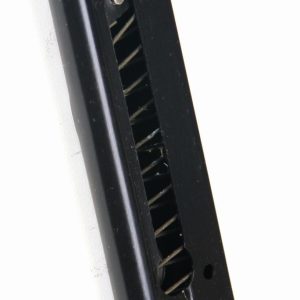 Black firearm magazine clip for ammunition with visible spring mechanism, set against a white background.