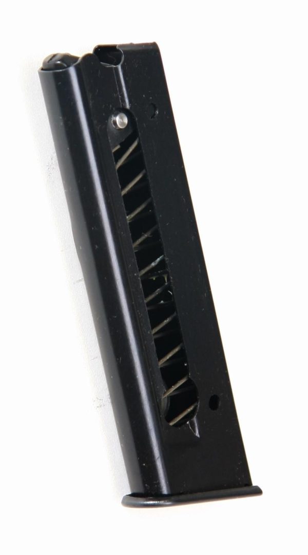 Black firearm magazine clip for ammunition with visible spring mechanism, set against a white background.