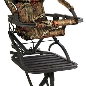 Camo-patterned hunting tree stand with padded seat and armrests.