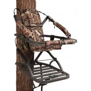 Camo-patterned tree stand with padded seat and backrest mounted on a tree trunk.