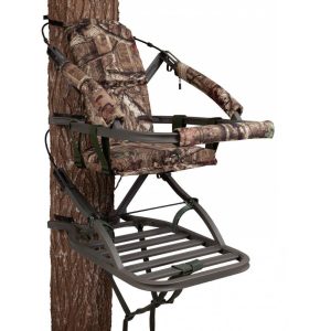Camo-patterned tree stand with padded seat and armrests attached to a brown tree trunk.