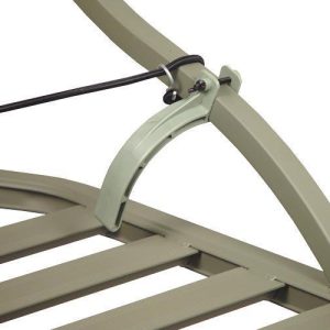 Metal frame in light olive green with black securing straps.
