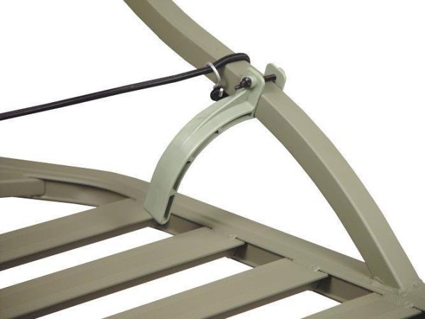 Metal frame in light olive green with black securing straps.