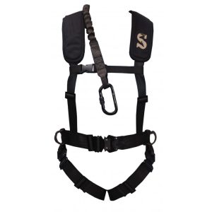 Black tactical harness with adjustable straps, shoulder pads, and a central carabiner clip.