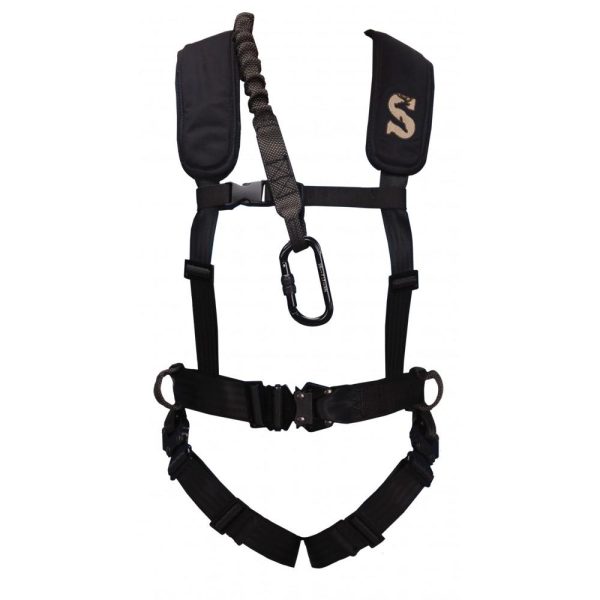 Black tactical harness with adjustable straps, shoulder pads, and a central carabiner clip.