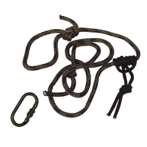 Black and green braided rope with black carabiner clip on white background.