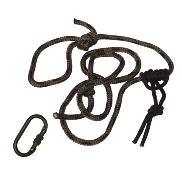Black and green braided rope with black carabiner clip on white background.