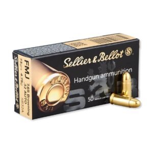 Box of sellier & bellot handgun ammunition for. 32 acp, featuring gold-colored brass cartridges, with detailed labeling and branding on a black and gold package.