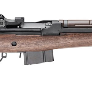 A classic rifle with a smooth dark brown wood stock and a matte black barrel and receiver, showcasing precise craftsmanship.