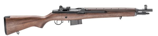A classic rifle with a smooth dark brown wood stock and a matte black barrel and receiver, showcasing precise craftsmanship.