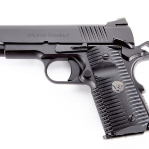 Black wilson combat handgun with textured grip, detailed side engraving, and visible trigger mechanism.