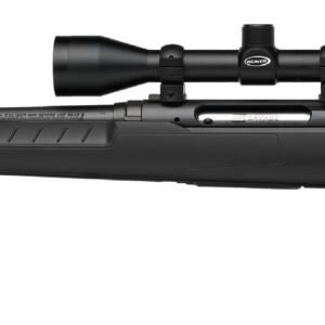 Black rifle with a scope, featuring a matte finish and ergonomic stock design.