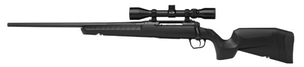 Black rifle with a scope, featuring a matte finish and ergonomic stock design.