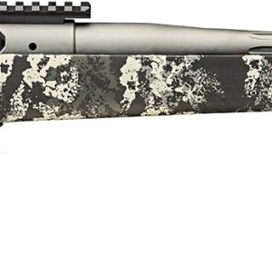 A high-powered rifle with a stainless steel barrel and a camouflaged black, gray, and white stock.
