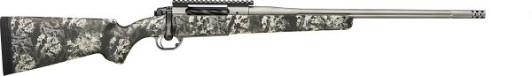 A high-powered rifle with a stainless steel barrel and a camouflaged black, gray, and white stock.