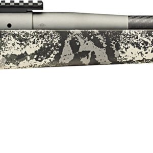 Camo-patterned bolt-action rifle with a black and gray mottled stock and a carbon fiber barrel.