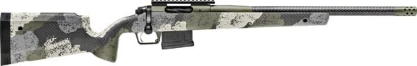 Camouflage-patterned rifle with a textured green, gray, and black stock, featuring a carbon fiber barrel and muzzle brake.