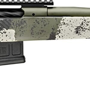 Camo-pattern rifle with black, gray, and green detailing, featuring a carbon fiber barrel and olive green muzzle.