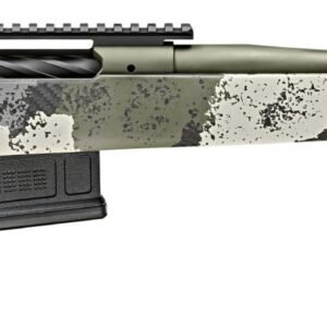 Camo-patterned rifle with black muzzle brake and green barrel, featuring a carbon fiber stock with splotches of black, grey, and olive green.