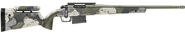 Bolt-action rifle with green, white, and black camouflage pattern, featuring a textured grip and adjustable cheek rest.